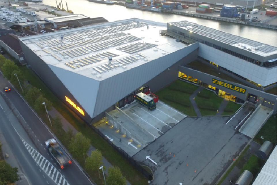 A Ziegler warehouse next to a habour